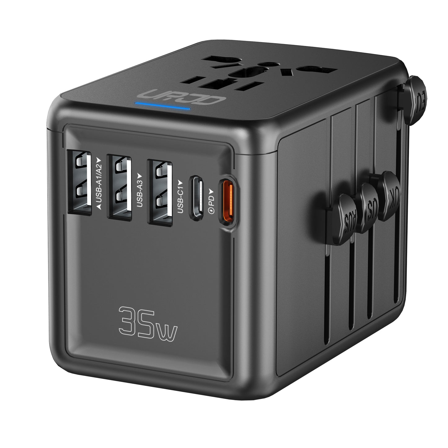 URJD PD35W Universal Travel Adapter, 3X2.4A USB-A Ports, 2X USB-C Ports and Multi AC Outlet, Worldwide Travel Charger All in One for EU US UK AUS 200+ Countries (Black)