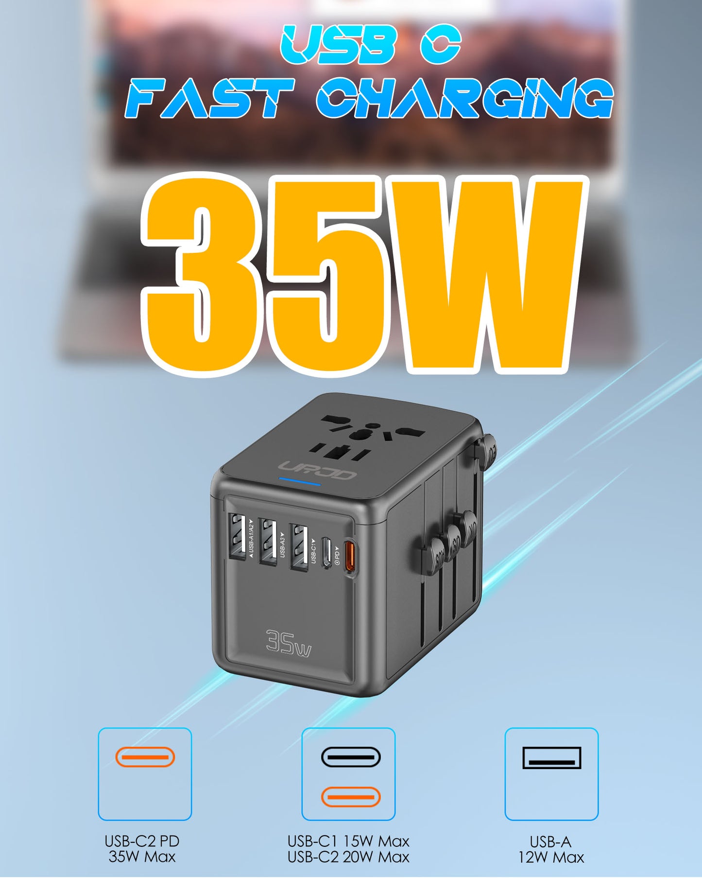 URJD PD35W Universal Travel Adapter, 3X2.4A USB-A Ports, 2X USB-C Ports and Multi AC Outlet, Worldwide Travel Charger All in One for EU US UK AUS 200+ Countries (Black)