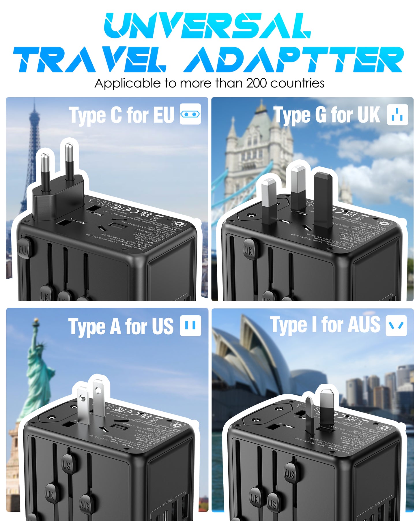URJD PD35W Universal Travel Adapter, 3X2.4A USB-A Ports, 2X USB-C Ports and Multi AC Outlet, Worldwide Travel Charger All in One for EU US UK AUS 200+ Countries (Black)