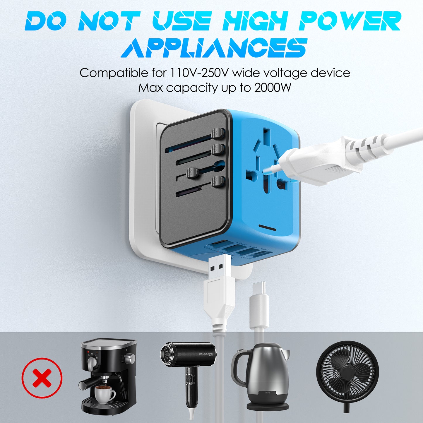 El Adaptador de Viaje Universal URJD Ofrece 5,6 A, 3 Puertos USB Tipo C de 3,0 A, 1 Puerto USB de 2,4 A y Tomas de CA, Adaptador de Enchufe de Cargador de Pared Internacional para EU, UK, US, AUS