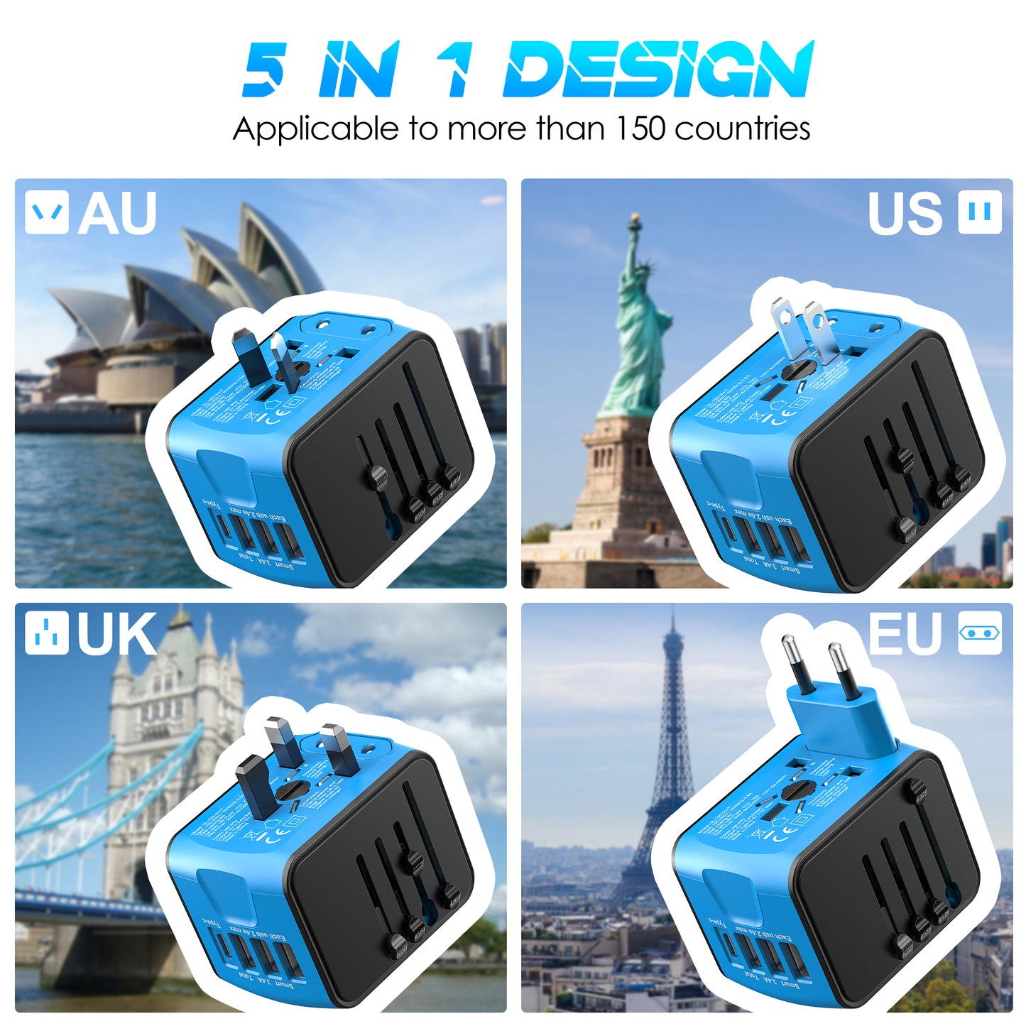 El Adaptador de Viaje Universal URJD Ofrece 5,6 A, 3 Puertos USB Tipo C de 3,0 A, 1 Puerto USB de 2,4 A y Tomas de CA, Adaptador de Enchufe de Cargador de Pared Internacional para EU, UK, US, AUS