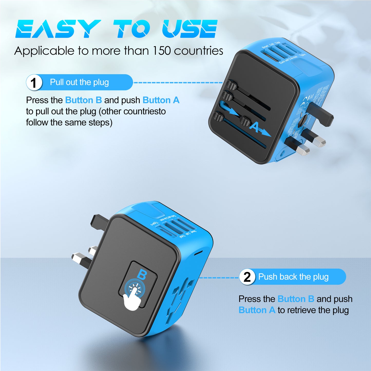 El Adaptador de Viaje Universal URJD Ofrece 5,6 A, 3 Puertos USB Tipo C de 3,0 A, 1 Puerto USB de 2,4 A y Tomas de CA, Adaptador de Enchufe de Cargador de Pared Internacional para EU, UK, US, AUS