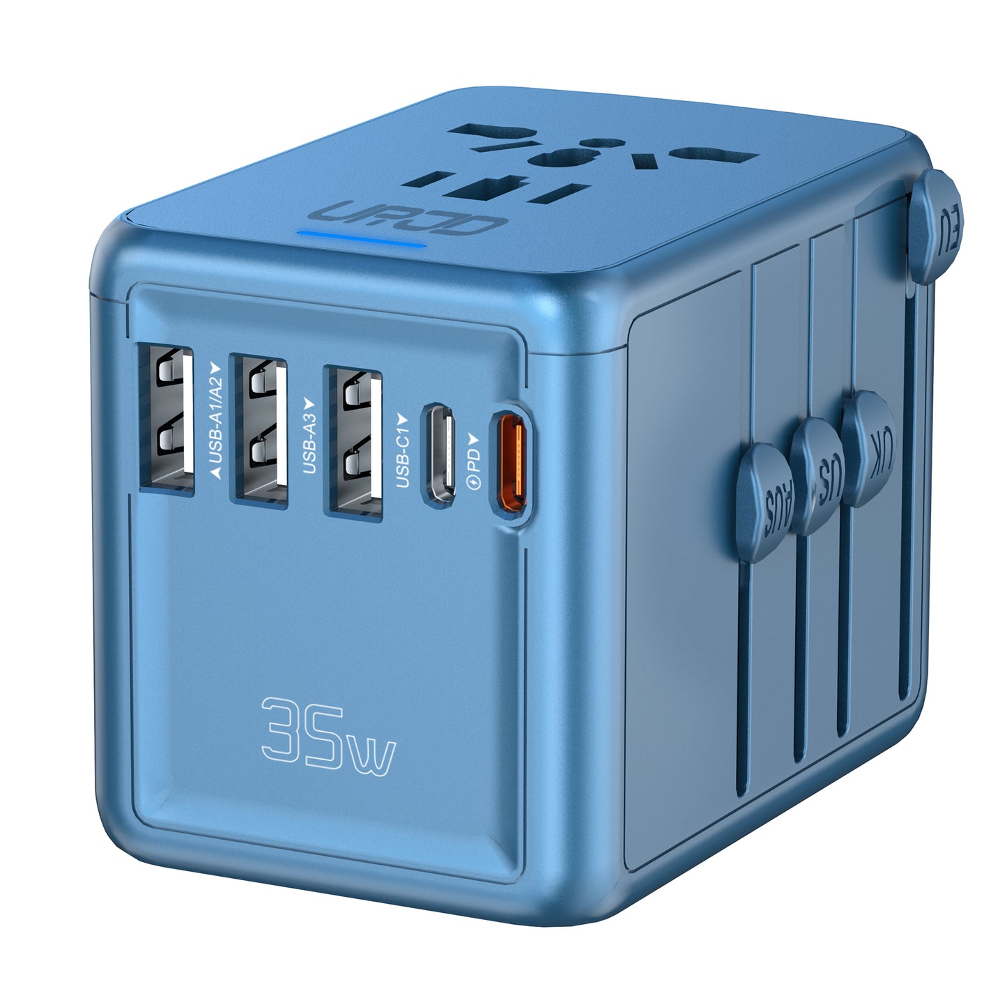 URJD Universal Travel Adapter, PD35W Fast Charging, 5 USB Ports and Multi AC Outlet, International Plug Converter Worldwide Travel Charger All in One for EU US UK AUS 200+ Countries(Blue)
