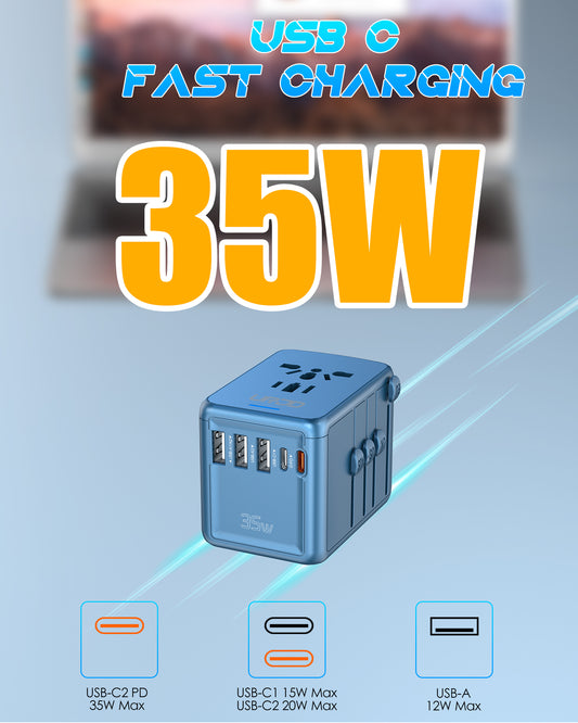 URJD Universal Travel Adapter, PD35W Fast Charging, 5 USB Ports and Multi AC Outlet, International Plug Converter Worldwide Travel Charger All in One for EU US UK AUS 200+ Countries(Blue)