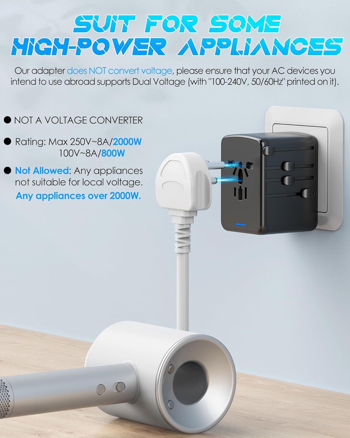 JMFONE-URJD Universal Travel Adapter Offers 5.8A 3X 3.0A USB-C Ports, 2X 2.4A USB-A Ports and Multi AC Outlet, All-in-One International Power Plug Adaptor Worldwide Charger for EU US UK AU 200+ Countries
