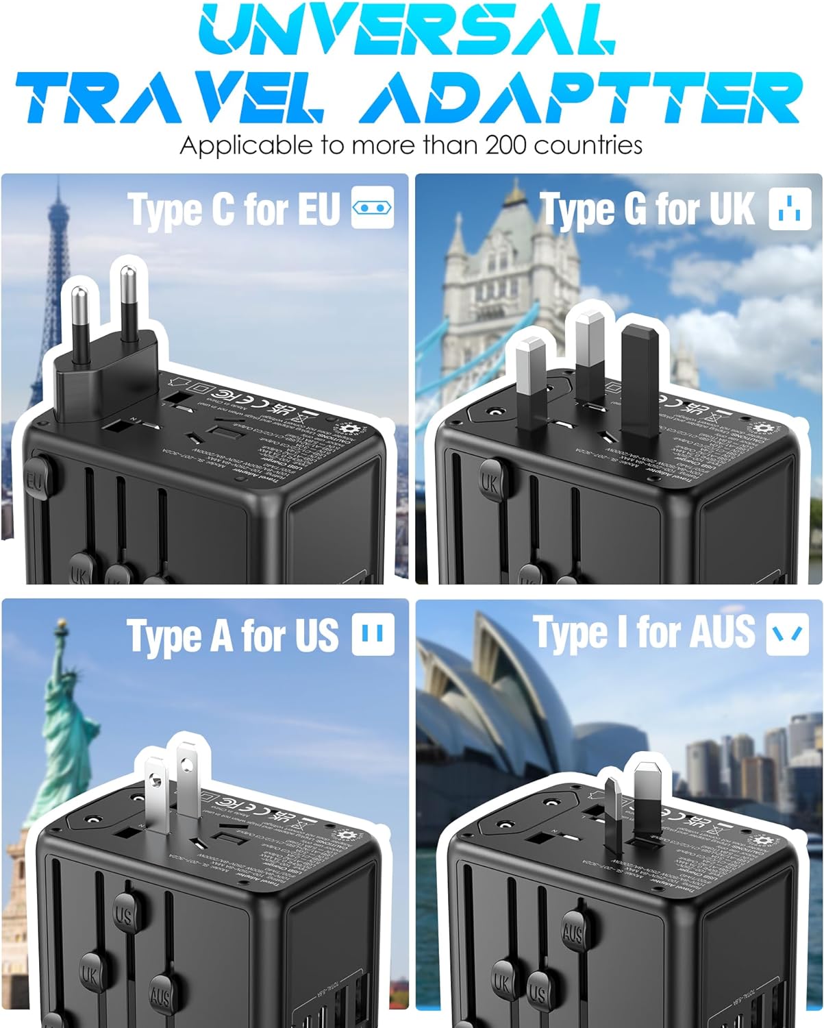 JMFONE-URJD Universal Travel Adapter Offers 5.8A 3X 3.0A USB-C Ports, 2X 2.4A USB-A Ports and Multi AC Outlet, All-in-One International Power Plug Adaptor Worldwide Charger for EU US UK AU 200+ Countries