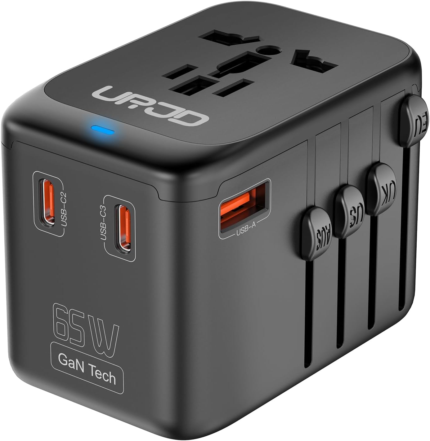 URJD Universal Travel Adapter - GaN 65W Fast Charger - 3 USB C(Each/GaN 65W) & 1 USB A(PD 45W) Ports International Power Adapter - High Power Worldwide Travel Plug Adapter for Europe UK US AUS