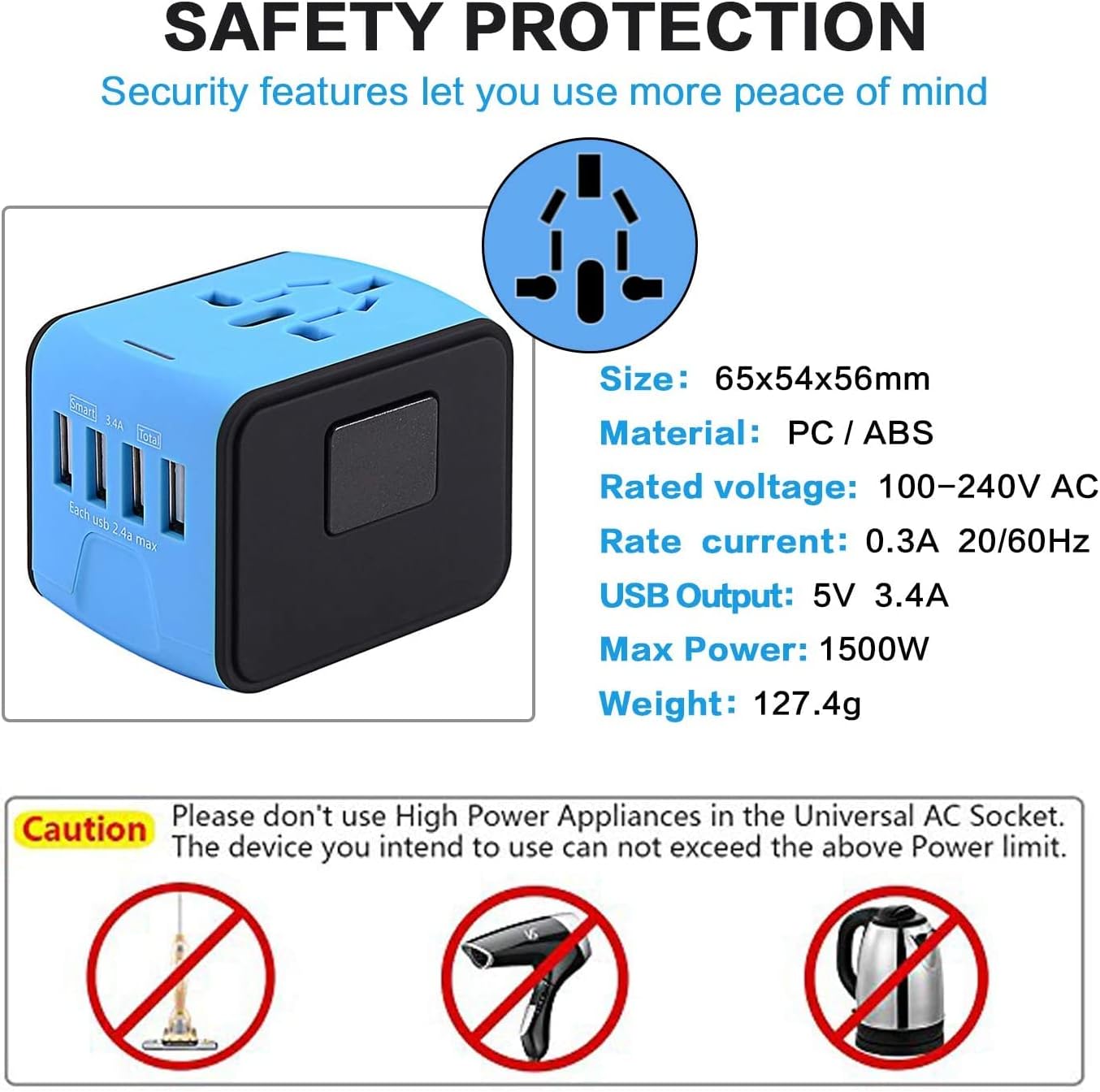 JMFONE International Travel Adapter Universal Power Adapter Worldwide All in One 4 USB-A Ports Perfect for European US, EU, UK, AU 200+ Countries (Blue)