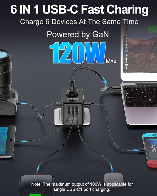 URJD Universal Travel Adapter, 120W GaN International Power Plug Adapter, 5 USB Ports 1 AC Outlet, Worldwide Travel Charger for 200+Countries