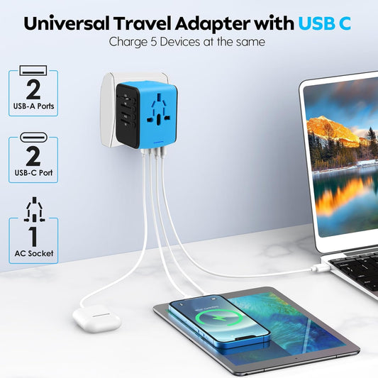 JMFONE Universal Travel Plug Adapter, International Power Adapter with 2 USB-C & 2 USB-A Ports and Multi AC Sockets, 5-in-1 Worldwide Travel Outlet Charger Adapter for EU US UK AU 200+ Multi Countries