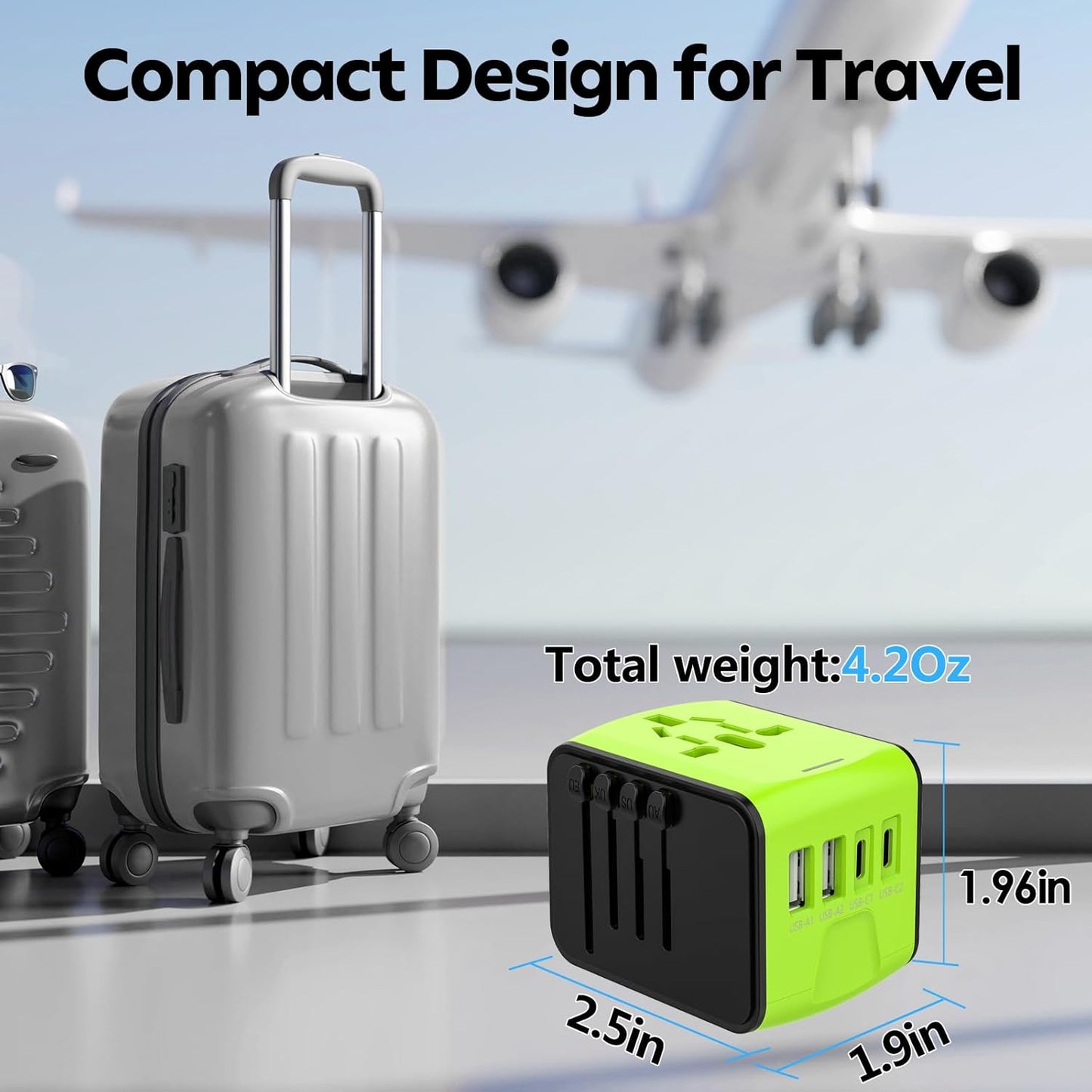 JMFONE International Travel Adapter 2 USB-C & 2 USB-A Ports and Multi AC Sockets,Universal Power Adapter Worldwide All in One High Speed 2.4A Perfect for 200+ Countries (Green)