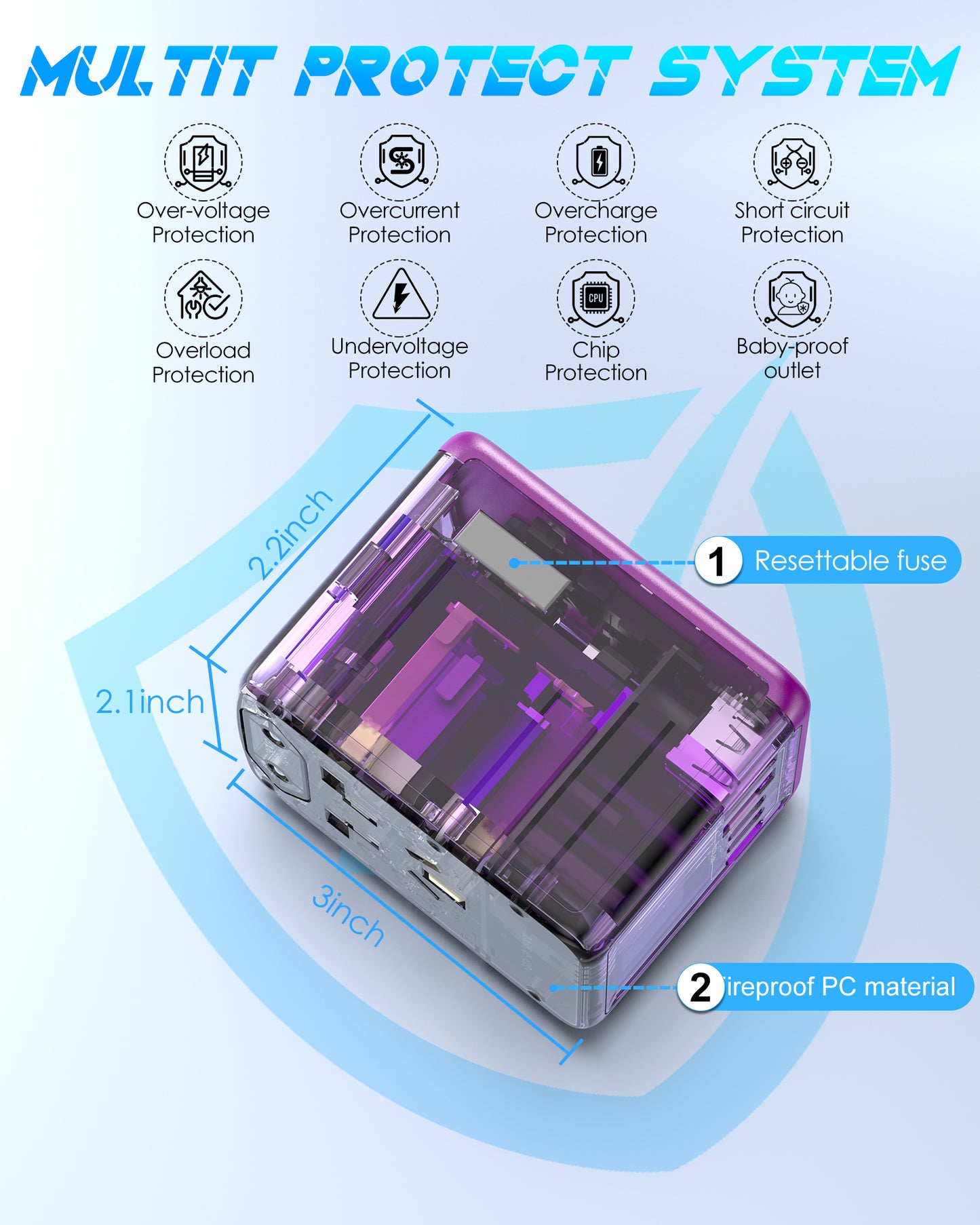 URJD Universal Travel Adapter 30W 6.0A 3X 3.0A USB-C Ports, 2X 2.4A USB-A Ports and Multi AC Outlet, All-in-One International Power Plug Adaptor Travel Charger for EU US UK AU 200+ Countries(Purple)