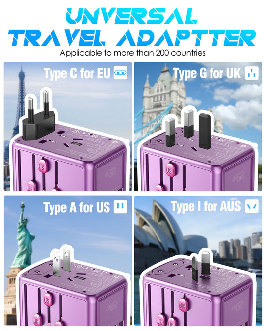URJD Universal Travel Adapter 30W 6.0A 3X 3.0A USB-C Ports, 2X 2.4A USB-A Ports and Multi AC Outlet, All-in-One International Power Plug Adaptor Travel Charger for EU US UK AU 200+ Countries(Purple)
