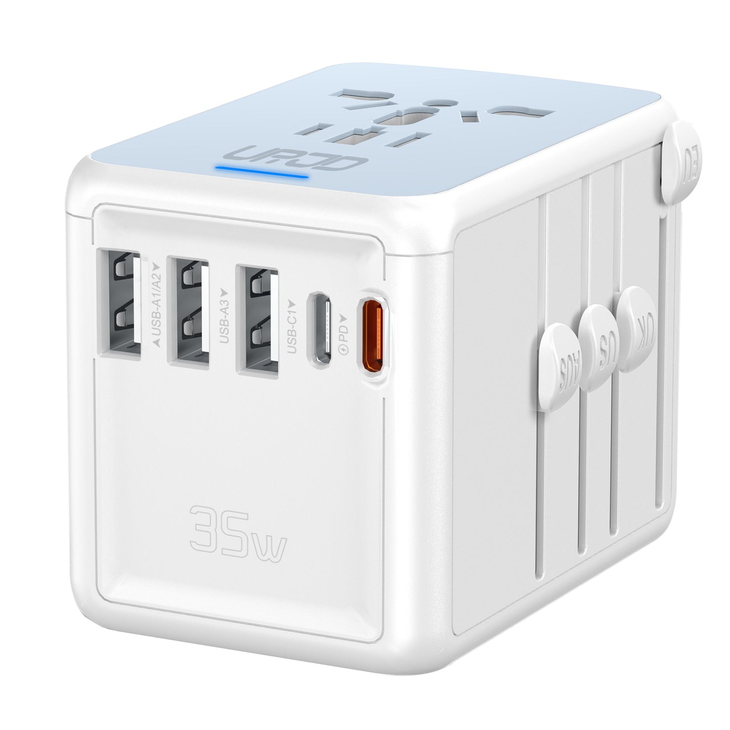 URJD PD35W Universal Travel Adapter, 3X2.4A USB-A Ports, 2X 3.0A USB-C Ports and Multi AC Outlet, International Plug Converter Worldwide Travel Charger All in One for EU US UK AUS(White)