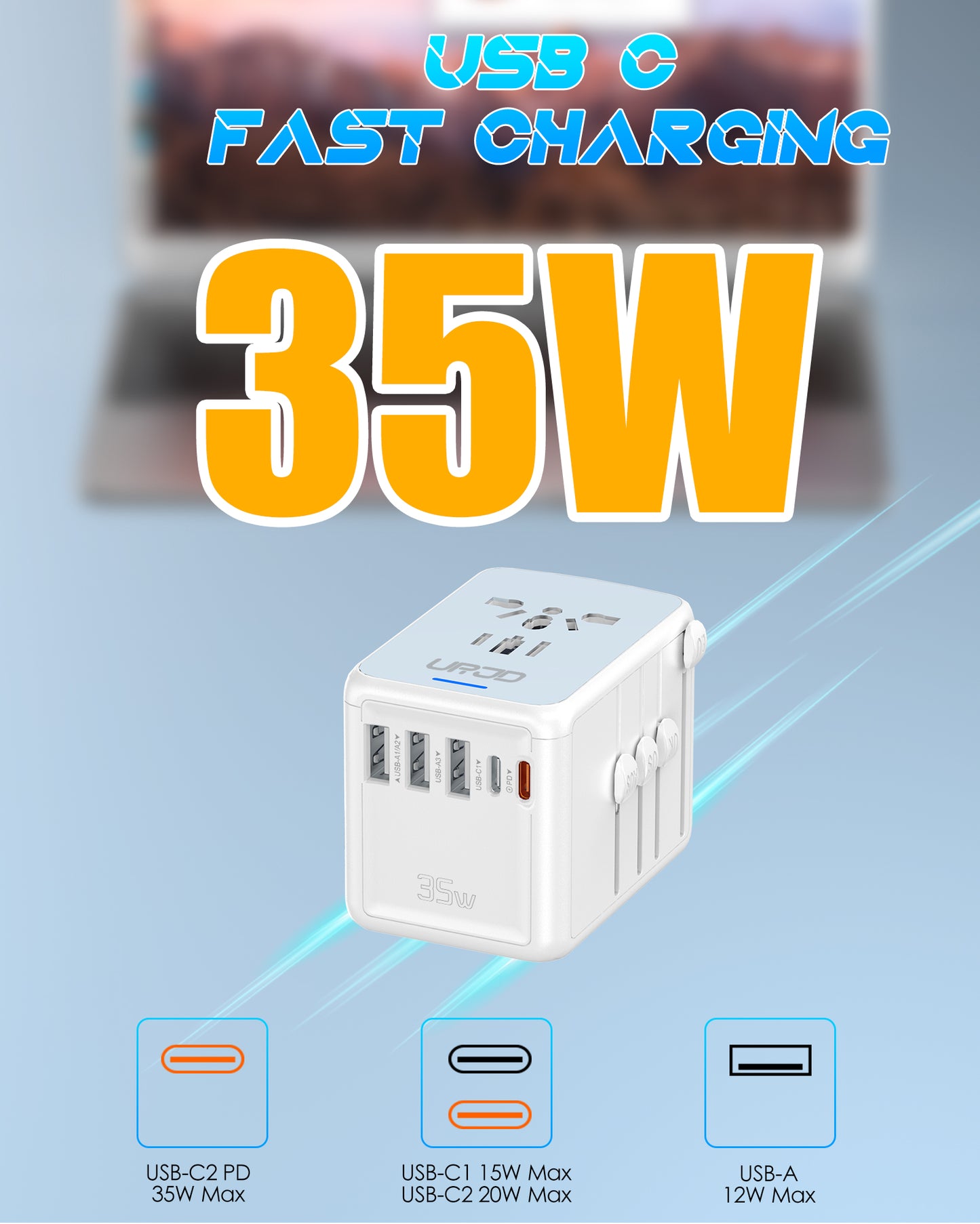 URJD PD35W Universal Travel Adapter, 3X2.4A USB-A Ports, 2X 3.0A USB-C Ports and Multi AC Outlet, International Plug Converter Worldwide Travel Charger All in One for EU US UK AUS(White)