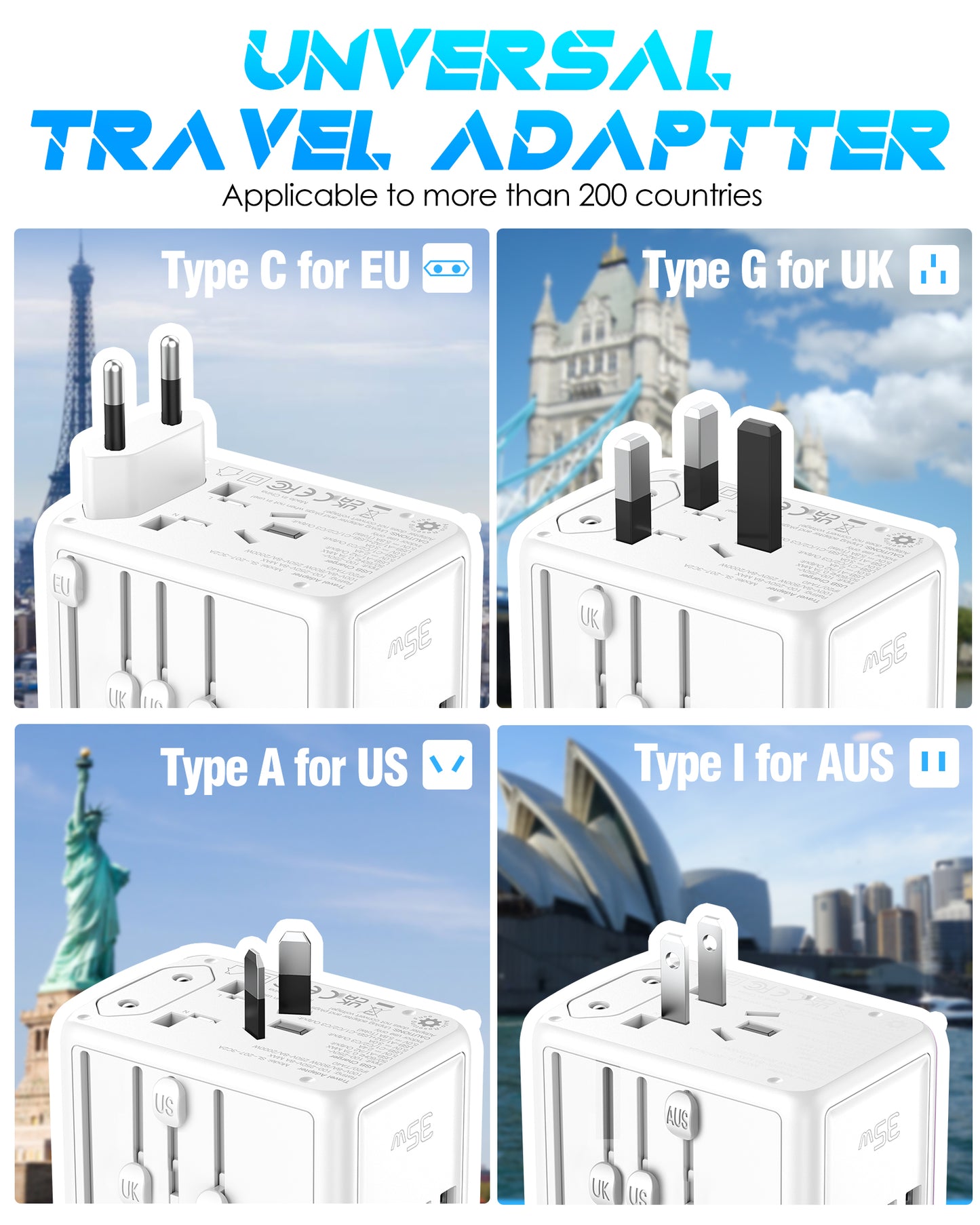 URJD PD35W Universal Travel Adapter, 3X2.4A USB-A Ports, 2X 3.0A USB-C Ports and Multi AC Outlet, International Plug Converter Worldwide Travel Charger All in One for EU US UK AUS(White)