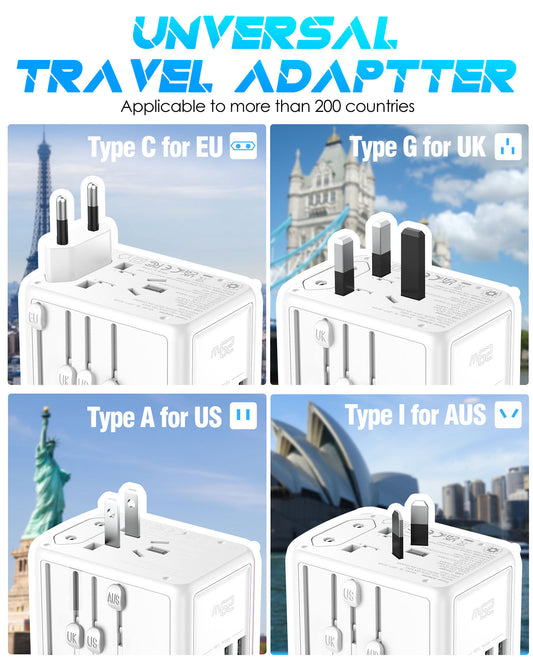 URJD Universal Travel Adapter, 30W 6.0A 5 USB Ports and Multi AC Outlet, All-in-One International Power Plug Adaptor Worldwide Travel Charger for EU US UK AU 200+ Countries(White)