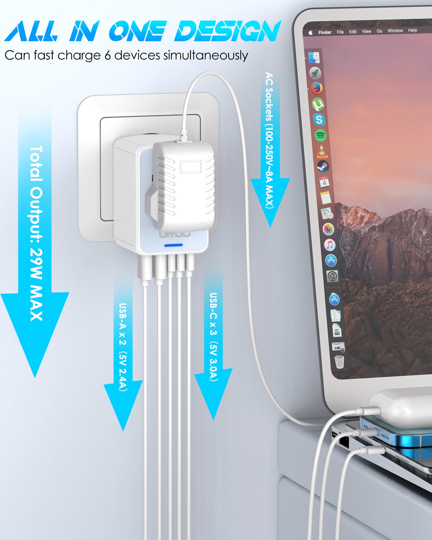 URJD Universal Travel Adapter, 30W 6.0A 5 USB Ports and Multi AC Outlet, All-in-One International Power Plug Adaptor Worldwide Travel Charger for EU US UK AU 200+ Countries(White)