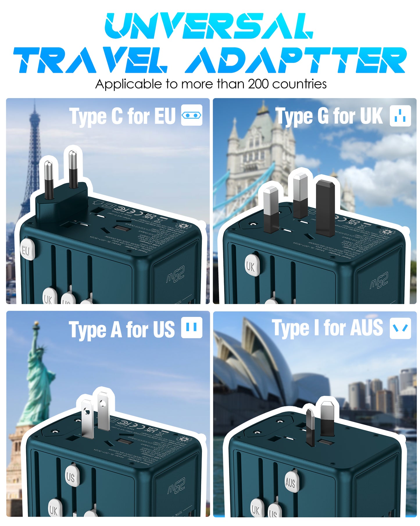 URJD Universal Travel Adapter, 30W 6.0A 3X 3.0A USB-C Ports, 2X 2.4A USB-A Ports and Multi AC Outlet,Travel Plug Converter for EU US UK AU 200+ Countries(Green)