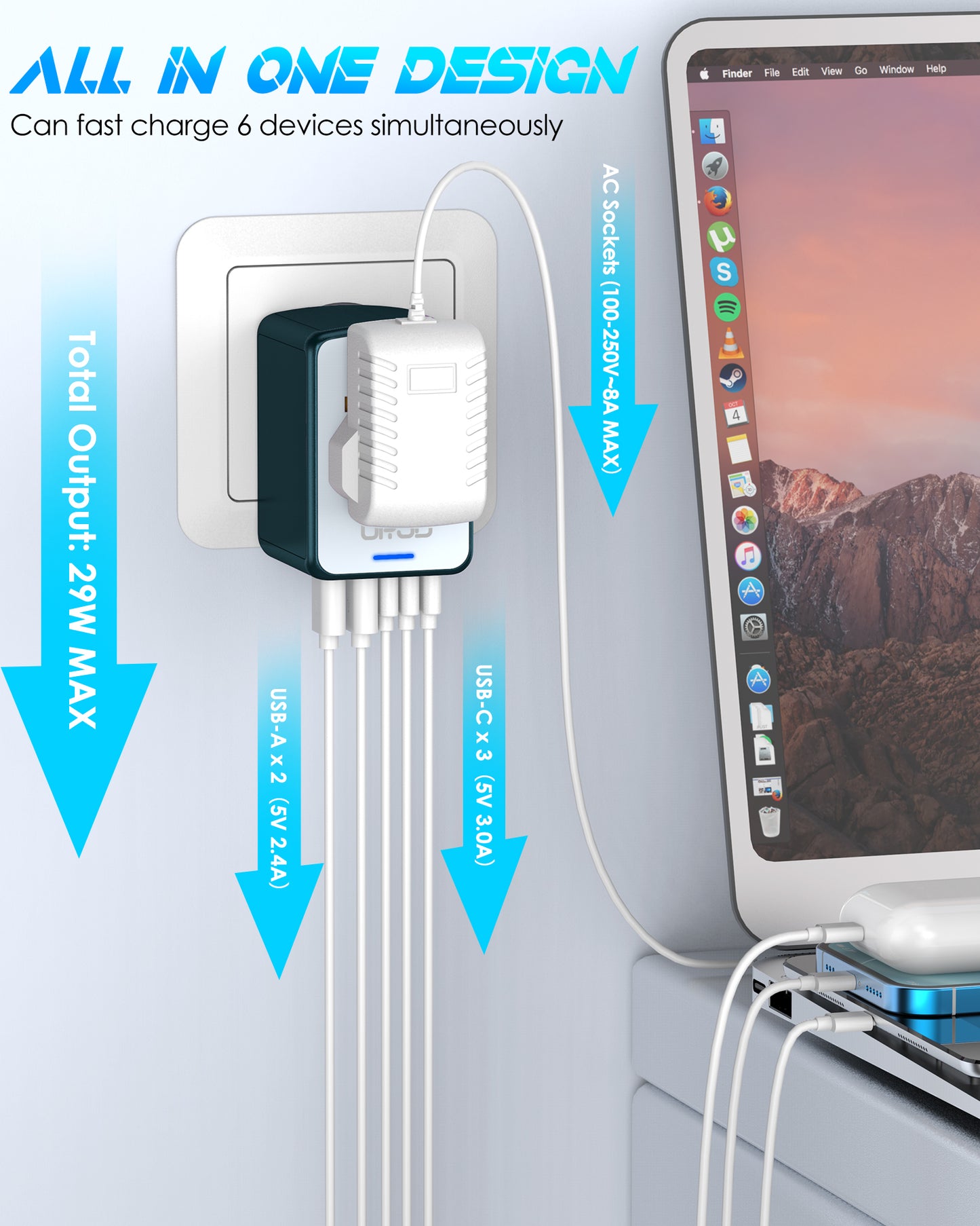 URJD Universal Travel Adapter, 30W 6.0A 3X 3.0A USB-C Ports, 2X 2.4A USB-A Ports and Multi AC Outlet,Travel Plug Converter for EU US UK AU 200+ Countries(Green)
