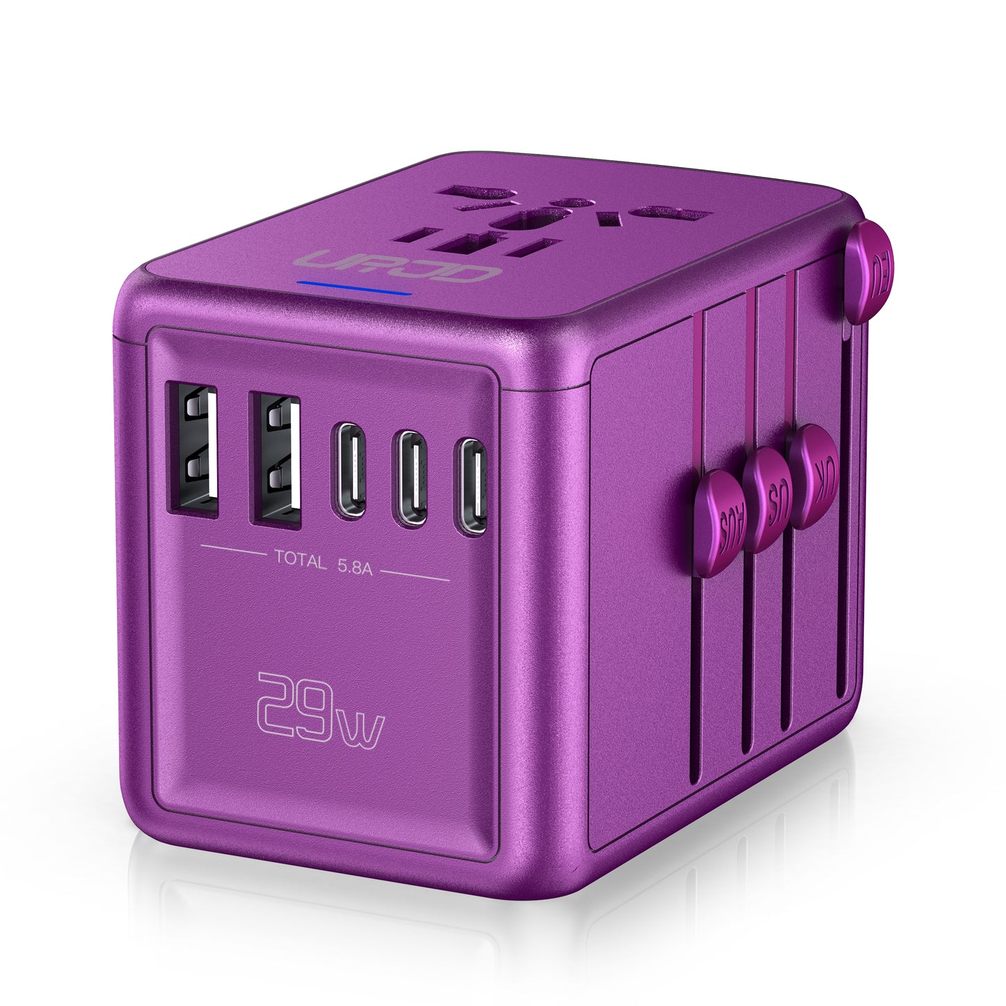 URJD Universal Travel Adapter 30W 6.0A 3X 3.0A USB-C Ports, 2X 2.4A USB-A Ports and Multi AC Outlet, All-in-One International Power Plug Adaptor Travel Charger for EU US UK AU 200+ Countries(Purple)