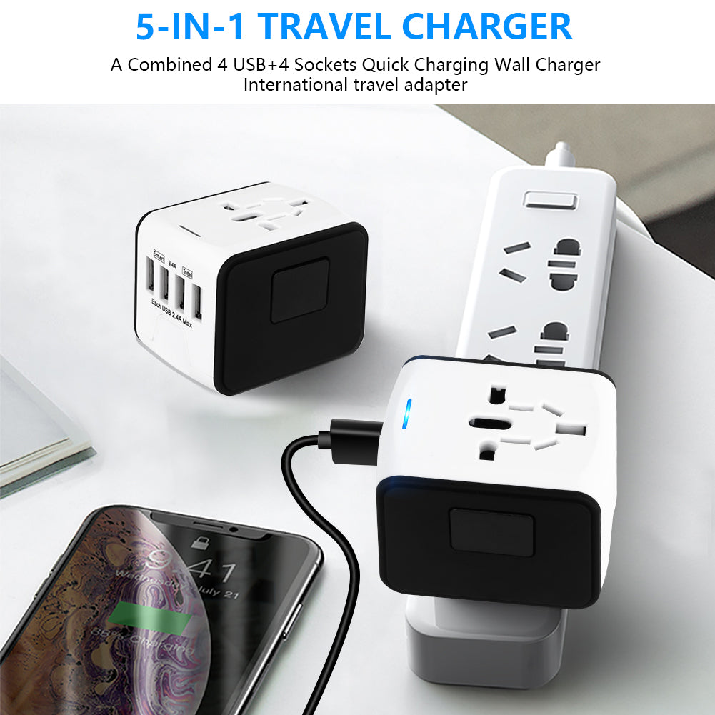JMFONE International Travel Adapter Universal Power Adapter Worldwide All in One 4 USB with Electrical Plug Perfect for European US, EU, UK, AU 160 Countries (White)