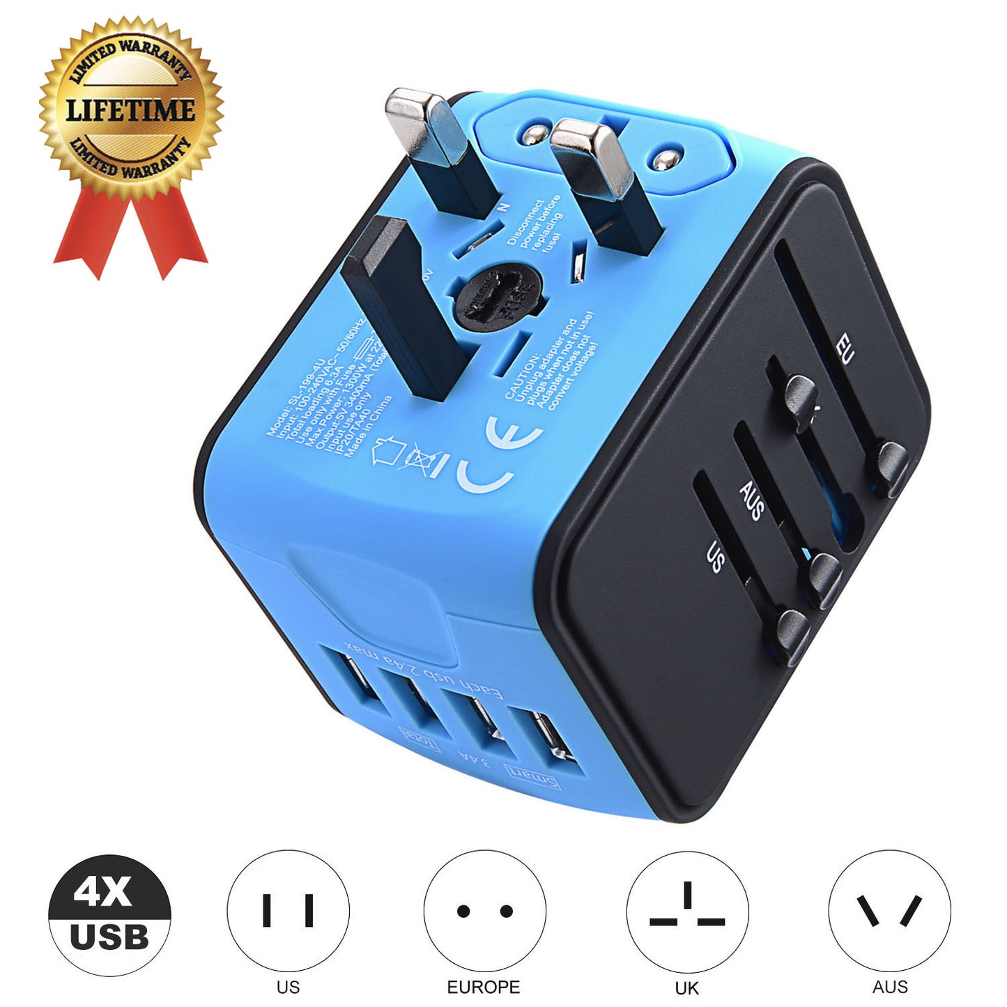 International Travel Adapter Universal Power Adapter Worldwide All in One 4 USB Perfect for European US, EU, UK, AU 160 Countries (Blue)