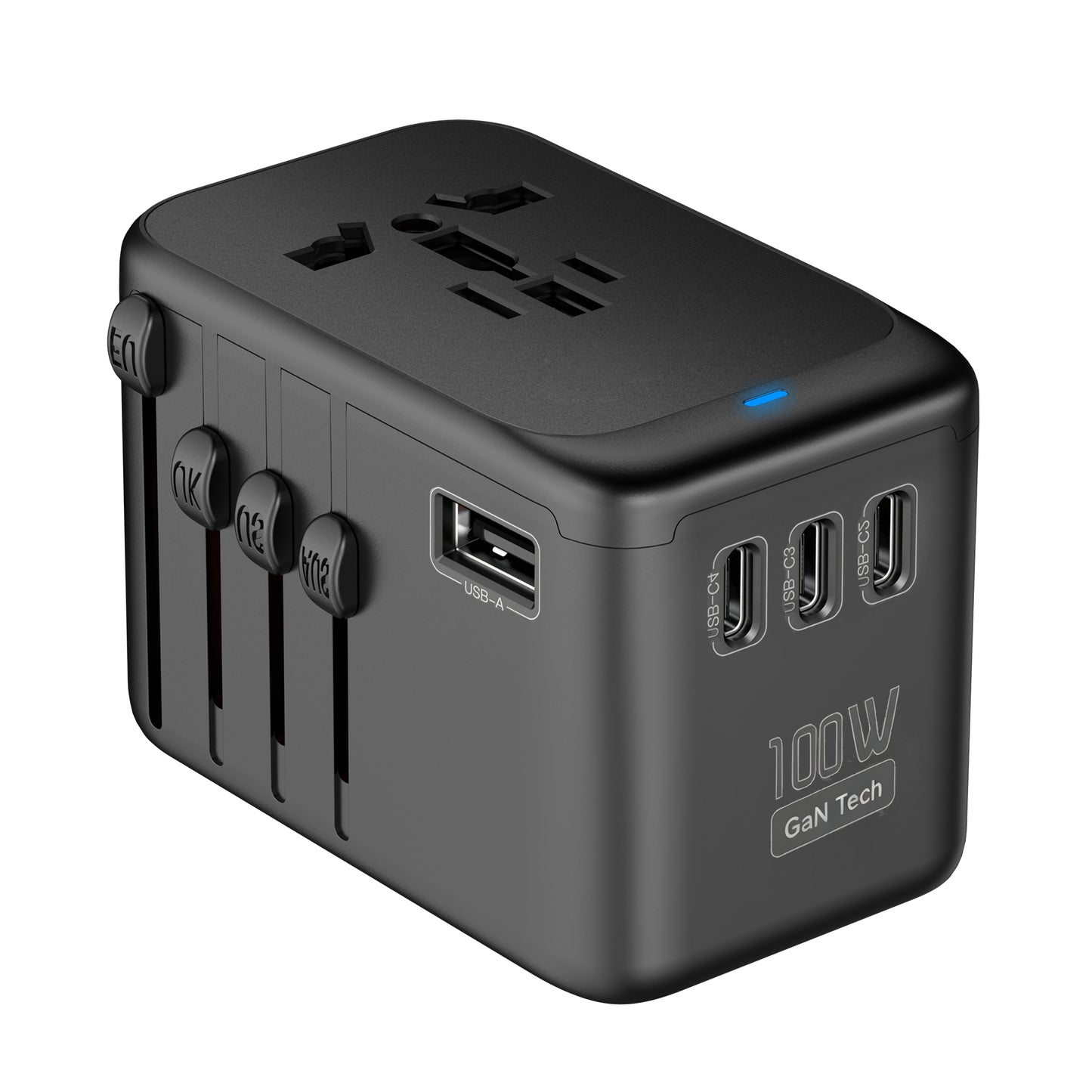 GaN 100W Universal Travel Adapter, 5 USB Ports & 2500W AC Socket, USB C Fast Charging Laptops/Tablets/Phones, International Power Adapter with EU UK US AUS Plugs for 200+ Countries