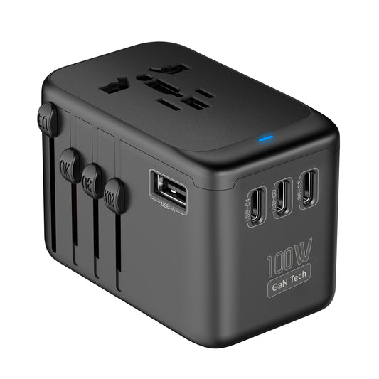 GaN 100W Universal Travel Adapter, 5 USB Ports & 2500W AC Socket, USB C Fast Charging Laptops/Tablets/Phones, International Power Adapter with EU UK US AUS Plugs for 200+ Countries