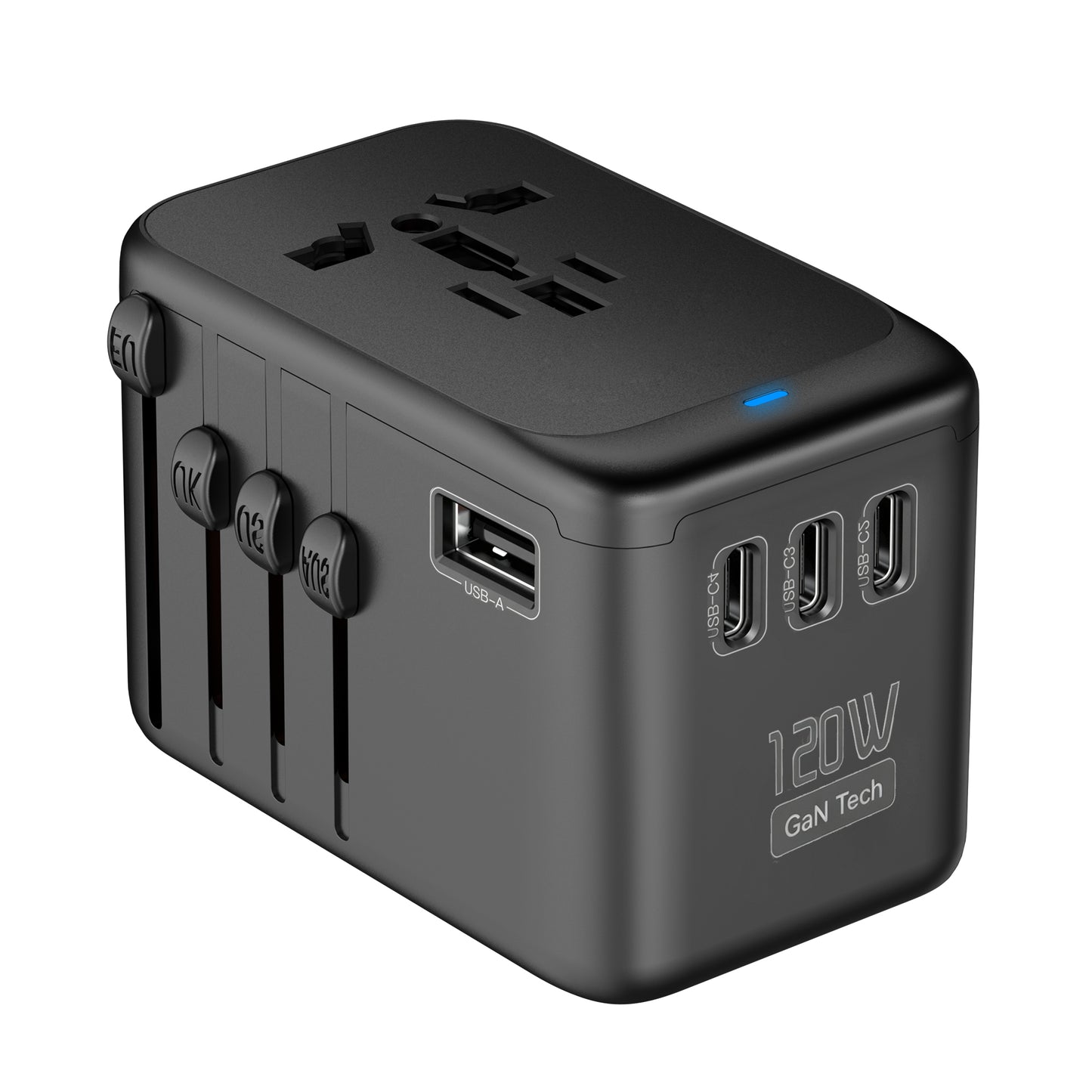 Universal Travel Adapter GaN 120W, International Power Adapter with 4 USB-C & 1 USB-A & 2500W AC Outlet, Travel Charger for Europe UK US AU 200+ Countries, Fast Charging Laptops Tablets Phones