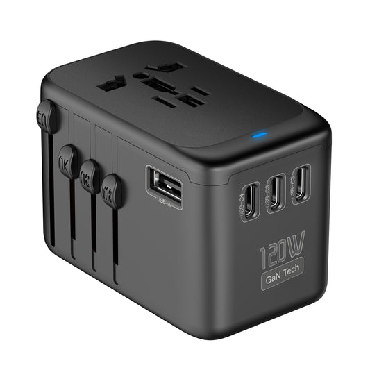 Universal Travel Adapter GaN 120W, International Power Adapter with 4 USB-C & 1 USB-A & 2500W AC Outlet, Travel Charger for Europe UK US AU 200+ Countries, Fast Charging Laptops Tablets Phones
