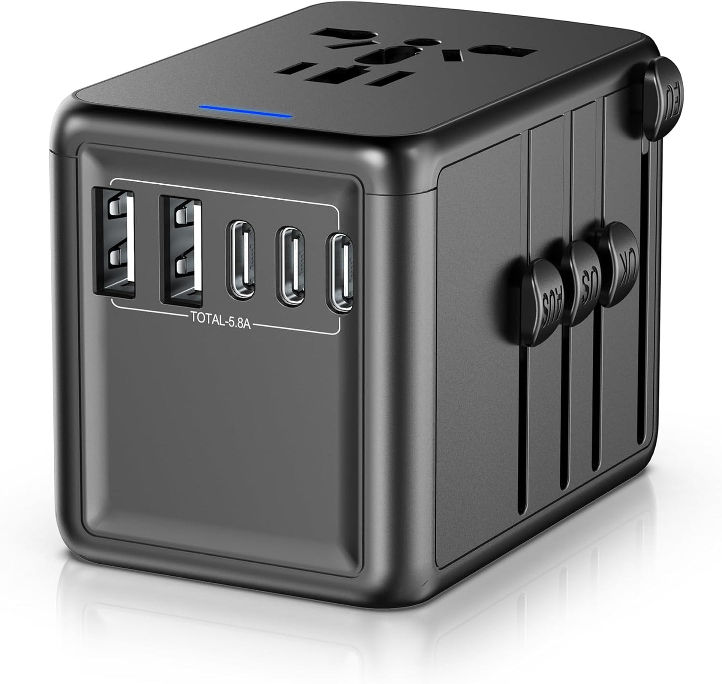 JMFONE-URJD Universal Travel Adapter Offers 5.8A 3X 3.0A USB-C Ports, 2X 2.4A USB-A Ports and Multi AC Outlet, All-in-One International Power Plug Adaptor Worldwide Charger for EU US UK AU 200+ Countries