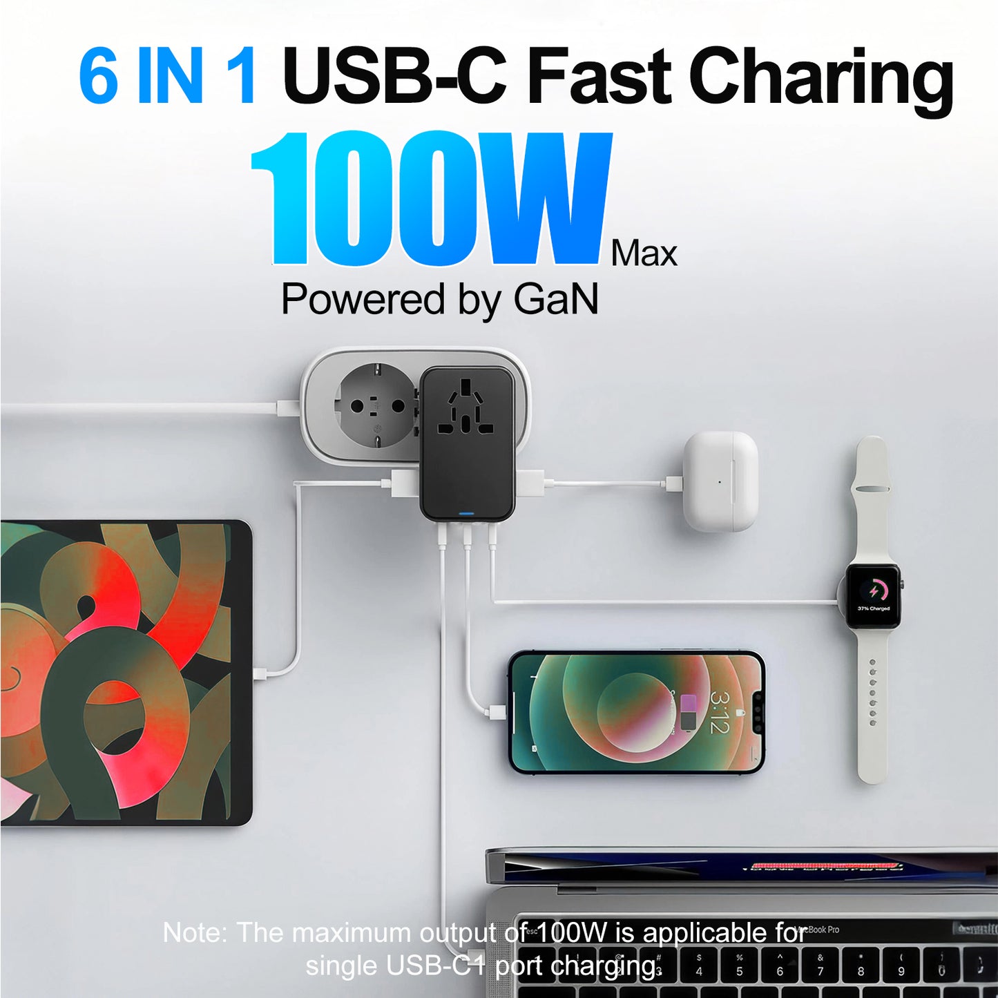 GaN 100W Universal Travel Adapter, 5 USB Ports & 2500W AC Socket, USB C Fast Charging Laptops/Tablets/Phones, International Power Adapter with EU UK US AUS Plugs for 200+ Countries
