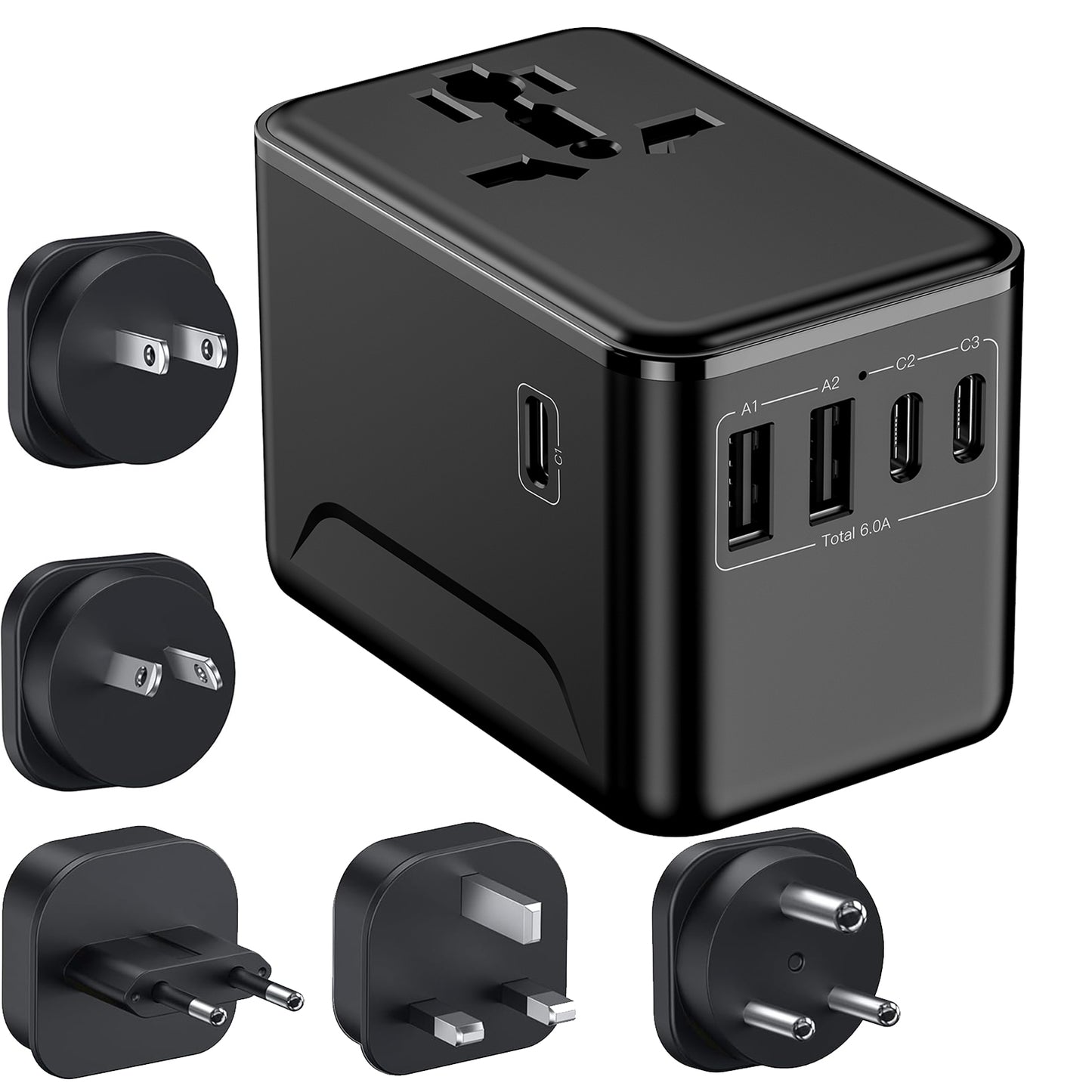 Universal Travel Adapter with Type D Plug(India & Most Africa), International Power Adapter, 30W 3X USB-C & 2X USB-A Ports & 2500W AC Outlet, Travel Charger for Europe US UK AUS 200+ Countries