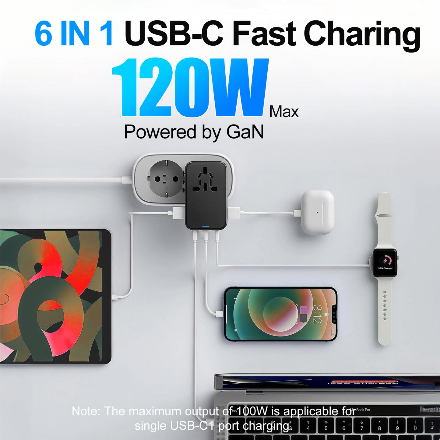 Universal Travel Adapter GaN 120W, International Power Adapter with 4 USB-C & 1 USB-A & 2500W AC Outlet, Travel Charger for Europe UK US AU 200+ Countries, Fast Charging Laptops Tablets Phones