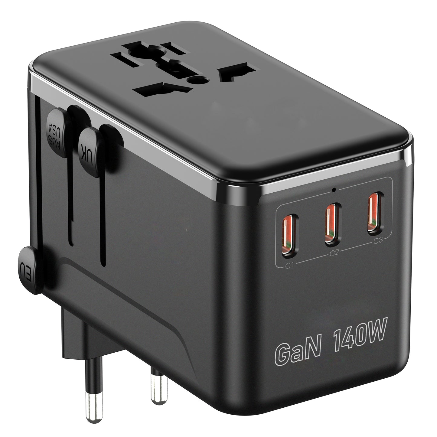140W GaN Universal Travel Adapter with 2500W AC Outlet, International Power Adapter for Europe UK US AU, 3 USB-C & USB-A Fast Charger for MacBook, iPhone, Laptop and More in 200+ Countries
