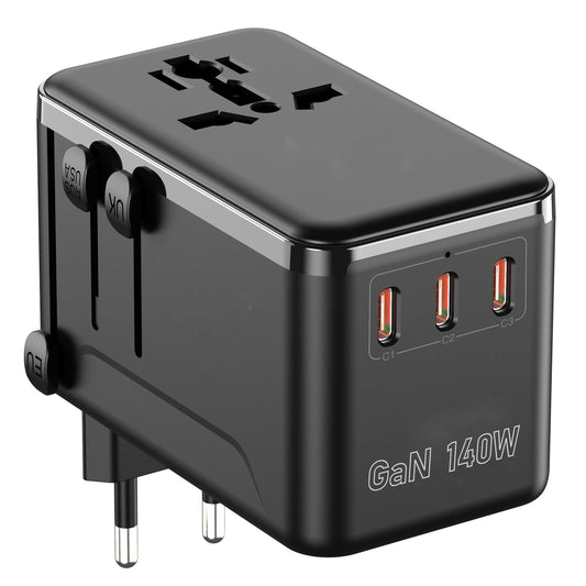 140W GaN Universal Travel Adapter with 2500W AC Outlet, International Power Adapter for Europe UK US AU, 3 USB-C & USB-A Fast Charger for MacBook, iPhone, Laptop and More in 200+ Countries