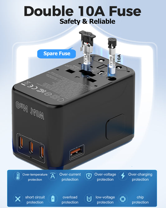 JMFONE 140W GaN Universal Travel Adapter, PD 3.1 USB-C Laptop Charger, 3 USB-C + USB-A & 2500W AC for 200+ Countries