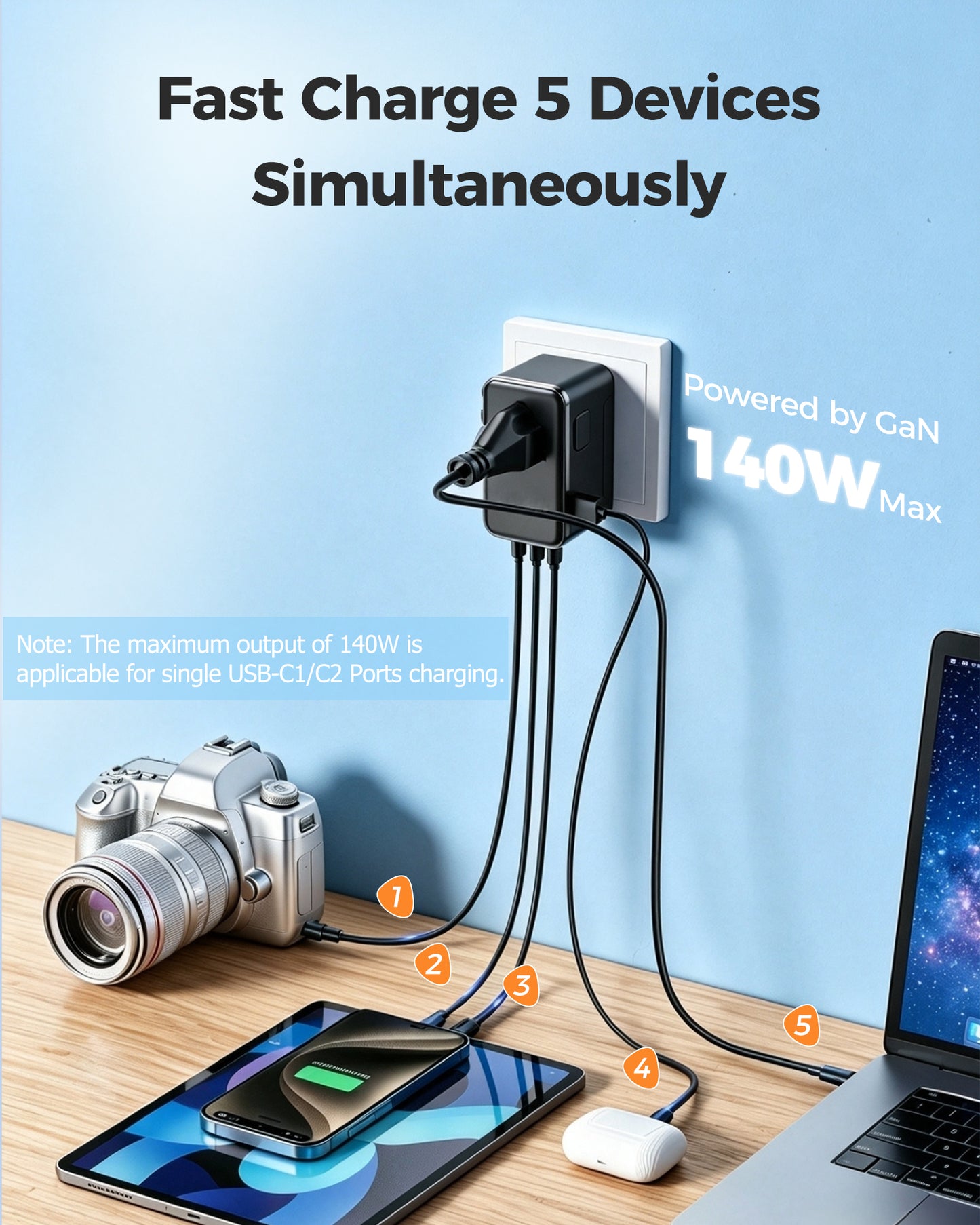 140W GaN Universal Travel Adapter with 2500W AC Outlet, International Power Adapter for Europe UK US AU, 3 USB-C & USB-A Fast Charger for MacBook, iPhone, Laptop and More in 200+ Countries