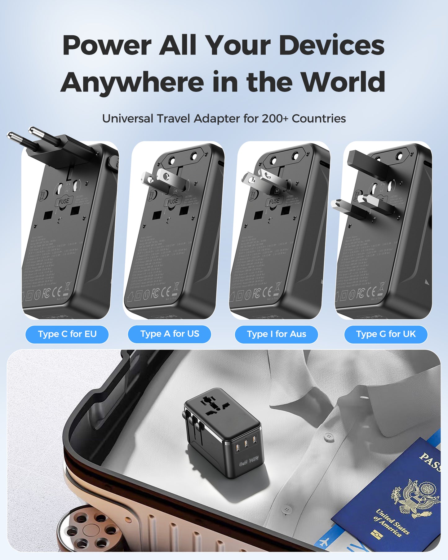 140W GaN Universal Travel Adapter with 2500W AC Outlet, International Power Adapter for Europe UK US AU, 3 USB-C & USB-A Fast Charger for MacBook, iPhone, Laptop and More in 200+ Countries