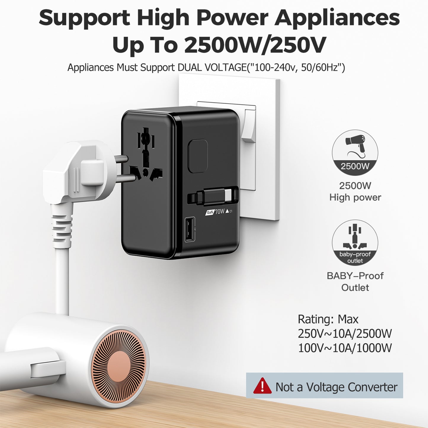 70W GaN Universal Travel Adapter, Retractable USB-C Cable + 4 USB-Port + 2500W AC Outlet, International Power Adapter with US EU UK AUS Plugs for 200+ Countries, Fast Charging Laptops Phones
