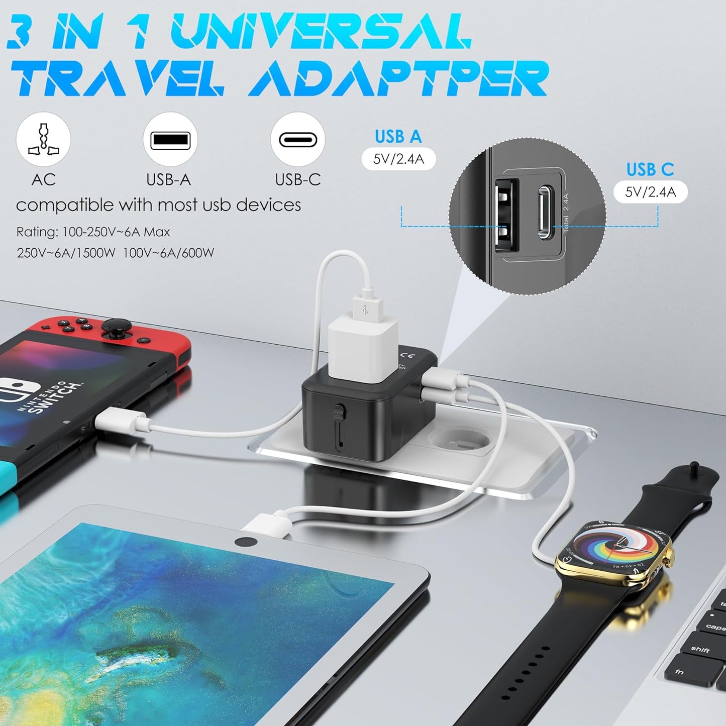 Universal Travel Adapter with (Type C+USB) 2 USB Ports & AC Outlet, International Plug Adapter Converter, Type C/A/G/I All in One Wall Charger Worldwide Travel Adaptor for US to EU UK AUS Asia