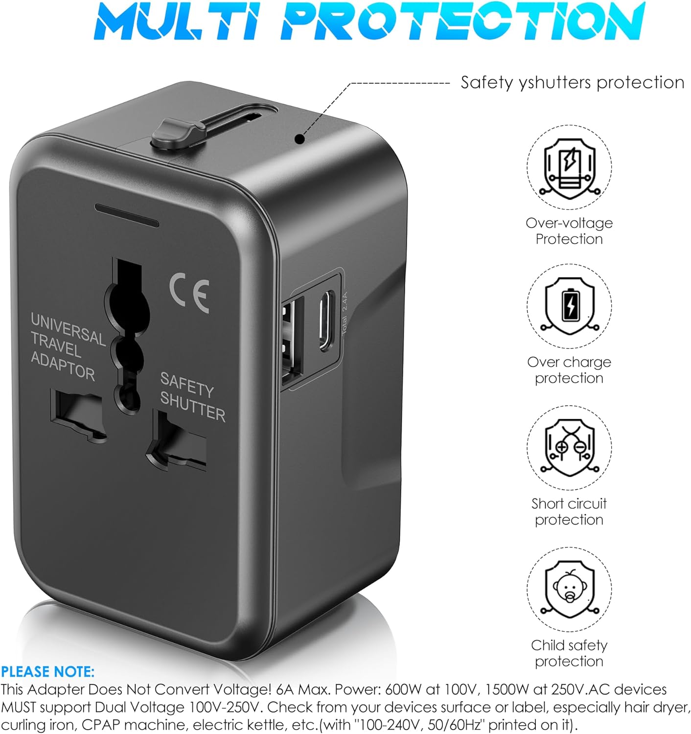 Multi Plug Outlet Adapter for Travel, 2 USB