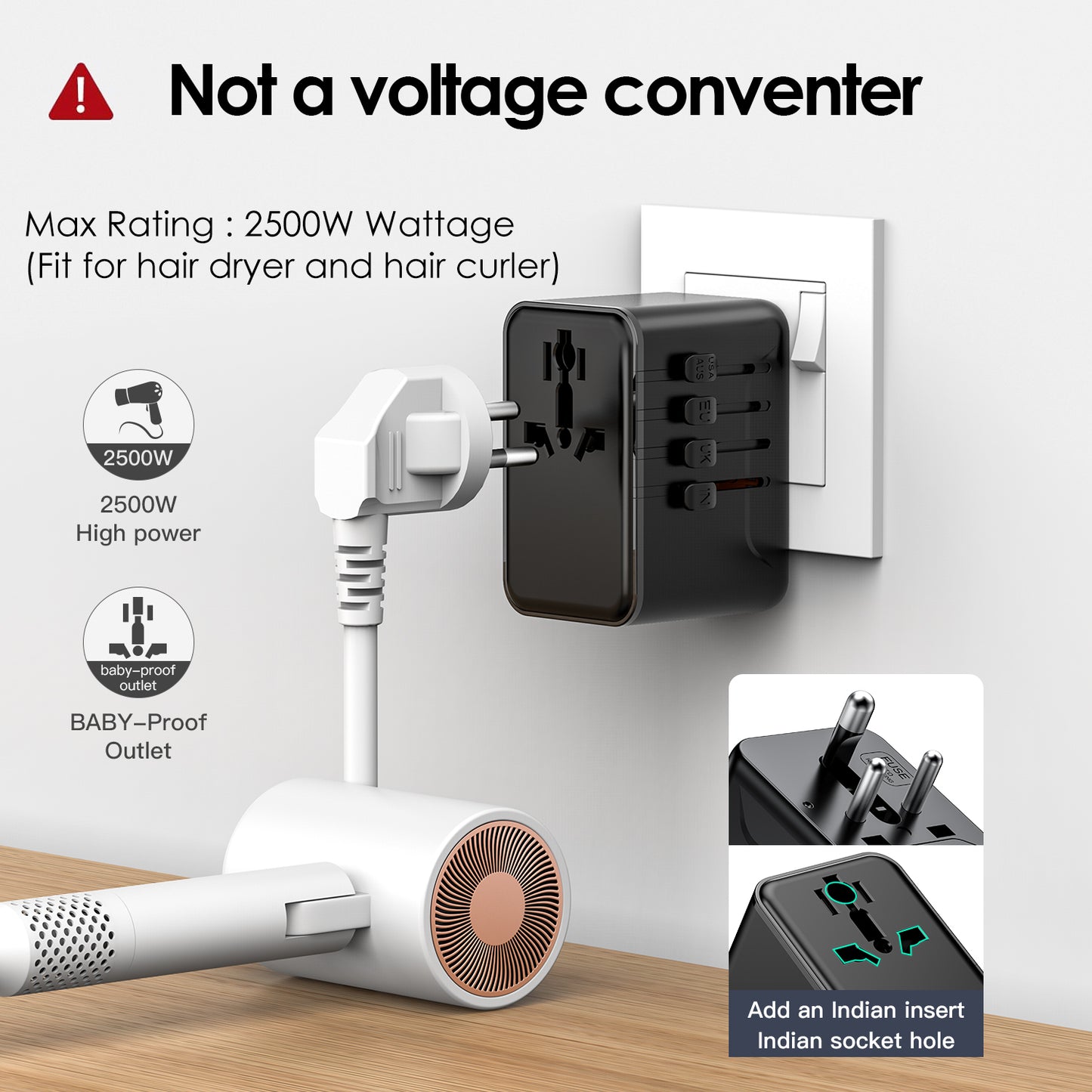 Universal Travel Adapter with Type D Plug(India & Most Africa), International Power Adapter, 30W 3X USB-C & 2X USB-A Ports & 2500W AC Outlet, Travel Charger for Europe US UK AUS 200+ Countries