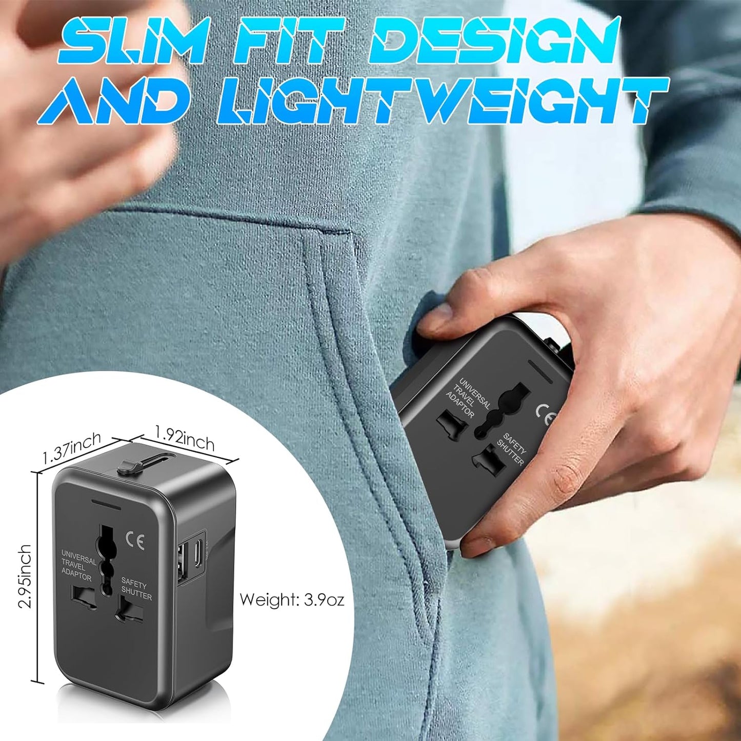 Universal Travel Adapter with (Type C+USB) 2 USB Ports & AC Outlet, International Plug Adapter Converter, Type C/A/G/I All in One Wall Charger Worldwide Travel Adaptor for US to EU UK AUS Asia