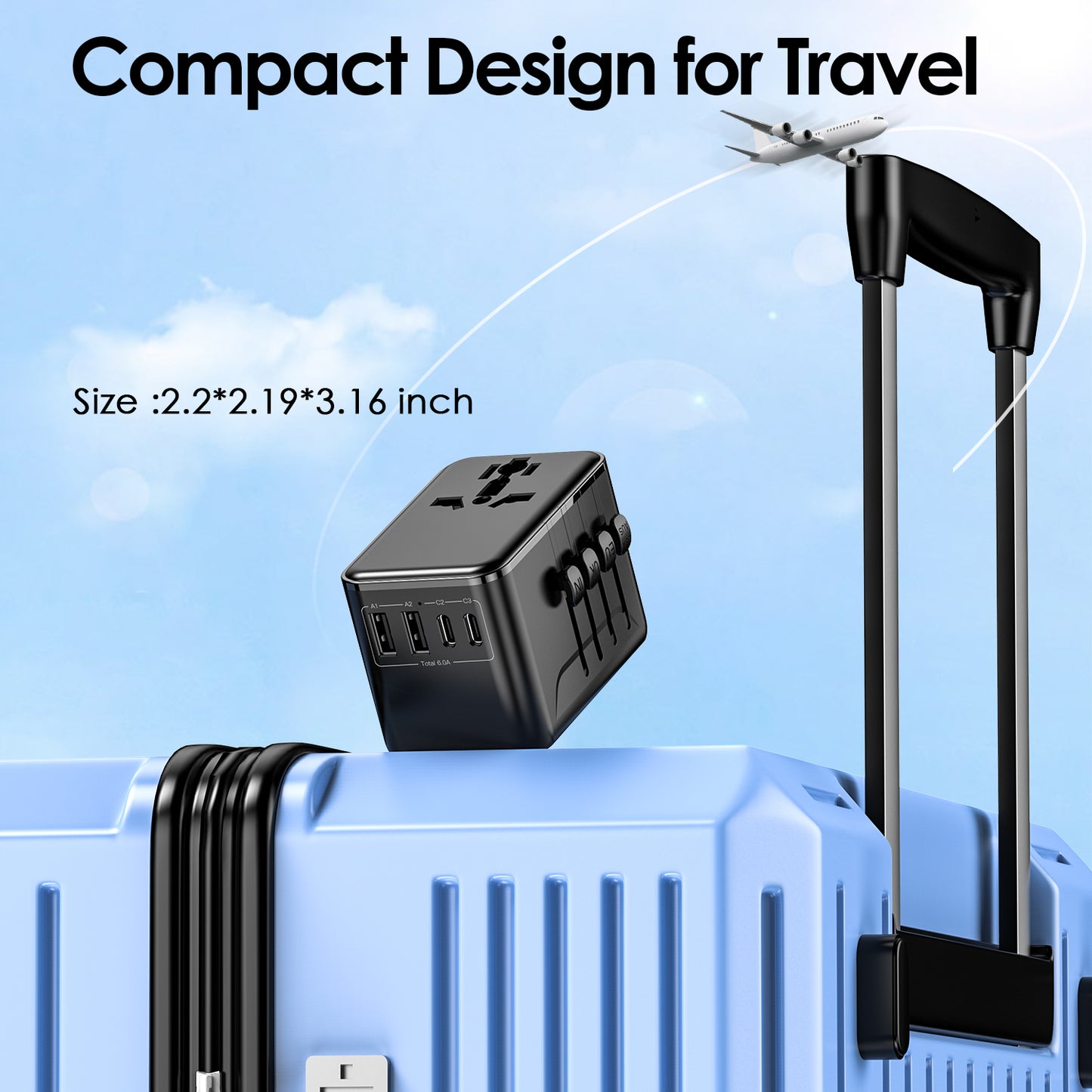 Universal Travel Adapter with Type D Plug(India & Most Africa), International Power Adapter, 30W 3X USB-C & 2X USB-A Ports & 2500W AC Outlet, Travel Charger for Europe US UK AUS 200+ Countries
