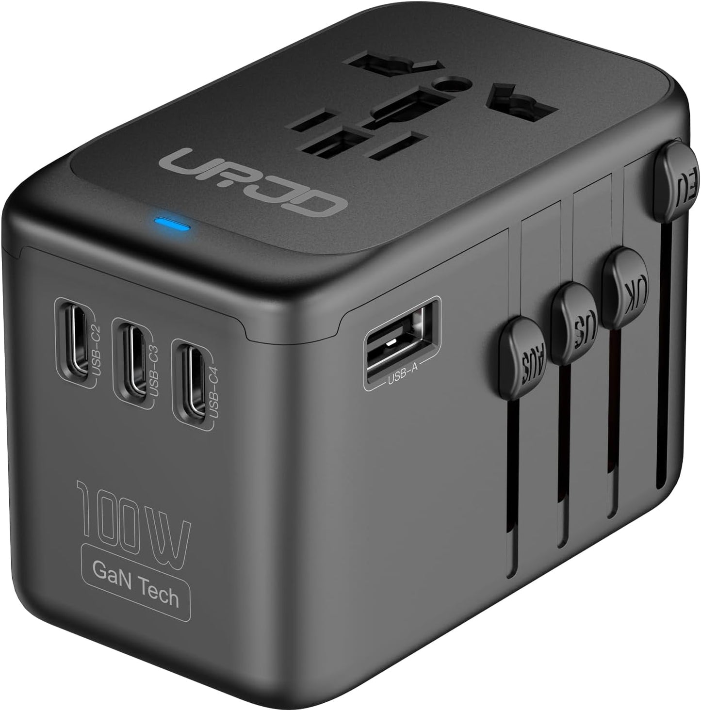 URJD Universal Travel Adapter GaN 100W, 4 USB C & 1 USB A Ports & AC Outlet, GaN Fast Charging, International Power Adapter Plug Converter with EU UK US AUS Plugs for 200+ Countries