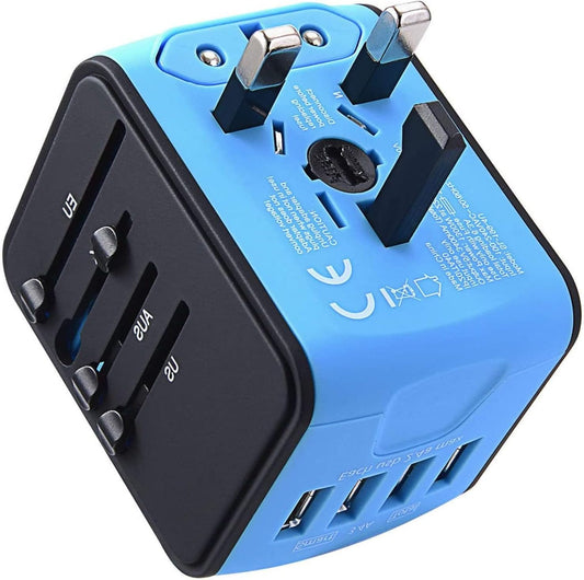 JMFONE International Travel Adapter Universal Power Adapter Worldwide All in One 4 USB-A Ports Perfect for European US, EU, UK, AU 200+ Countries (Blue)