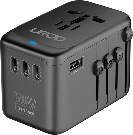 URJD Universal Travel Adapter, 120W GaN International Power Plug Adapter, 5 USB Ports 1 AC Outlet, Worldwide Travel Charger for 200+Countries