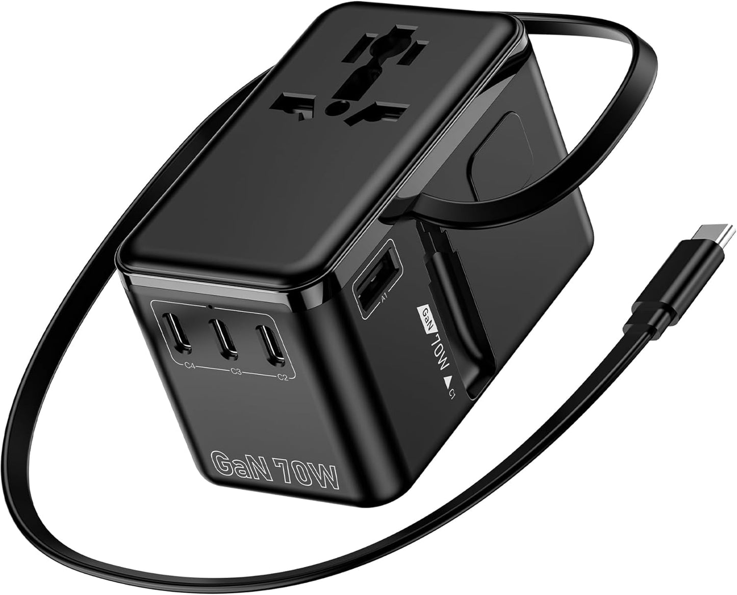 70W GaN Universal Travel Adapter, Retractable USB-C Cable + 4 USB-Port + 2500W AC Outlet, International Power Adapter with US EU UK AUS Plugs for 200+ Countries, Fast Charging Laptops Phones
